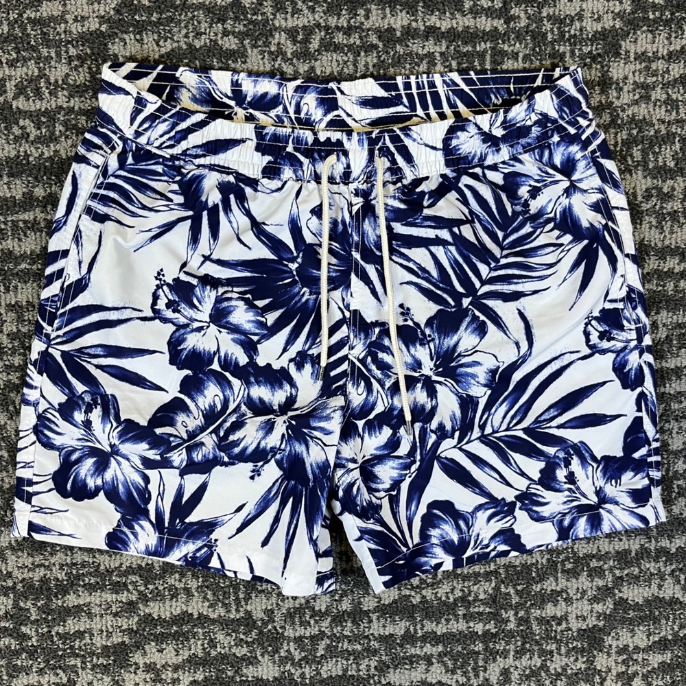 Polo Ralph Lauren Swim Trunks Mens Medium Blue White Tropical Hibiscus Floral